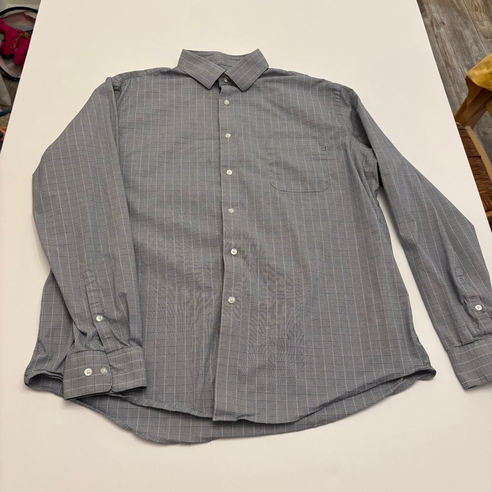 Calvin Klein Tech Active Stretch Dress Shirt XL 17 Blue Plaid Wrinkle Free